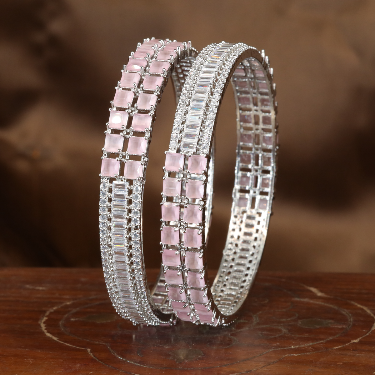 Structured Square Panel Rhodium Bangles with Linear Accent Border
