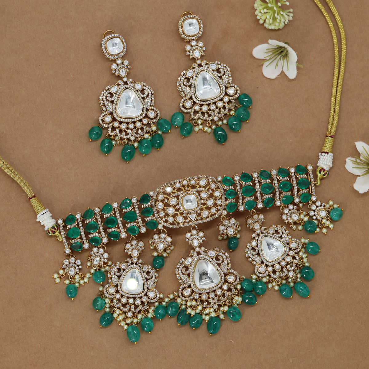 Aurielle Crest Motif Choker with Oval Center Panel and Drop Bead Fringe
