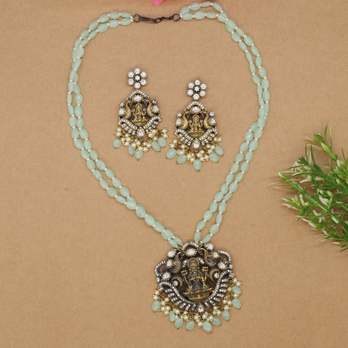 Dual Strand Bead Long Haara with Lakshmi Pendant and Elephant Motif Frame