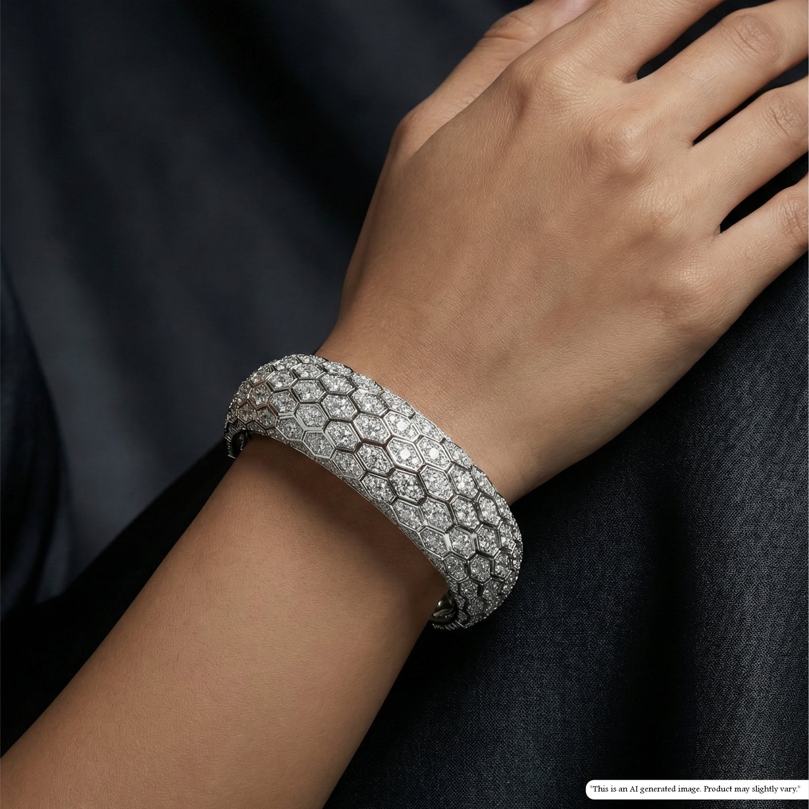 Honeycomb Pattern Open Cuff Bracelet with Dense Pavé Surface Detailing