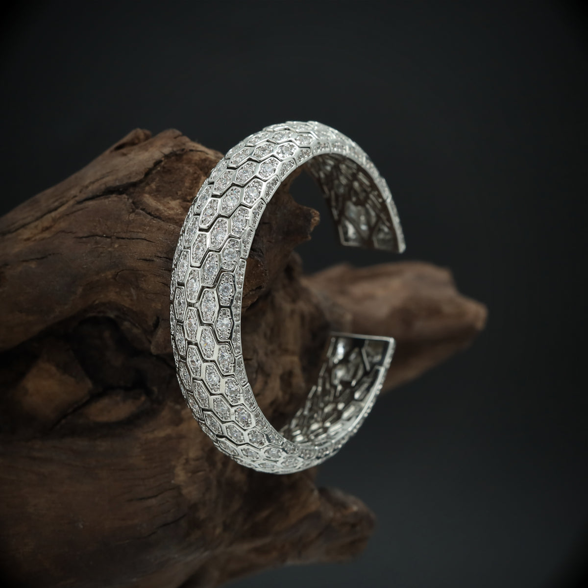 Honeycomb Pattern Open Cuff Bracelet with Dense Surface Detailing