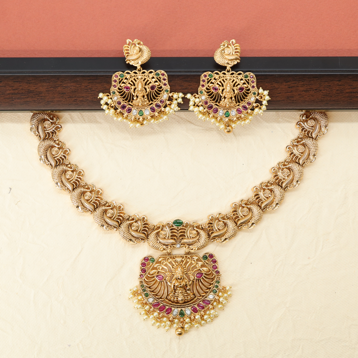 Ananta Mayura Link Necklace with Sculpted Spiral Panels and Lakshmi Crest Pendant