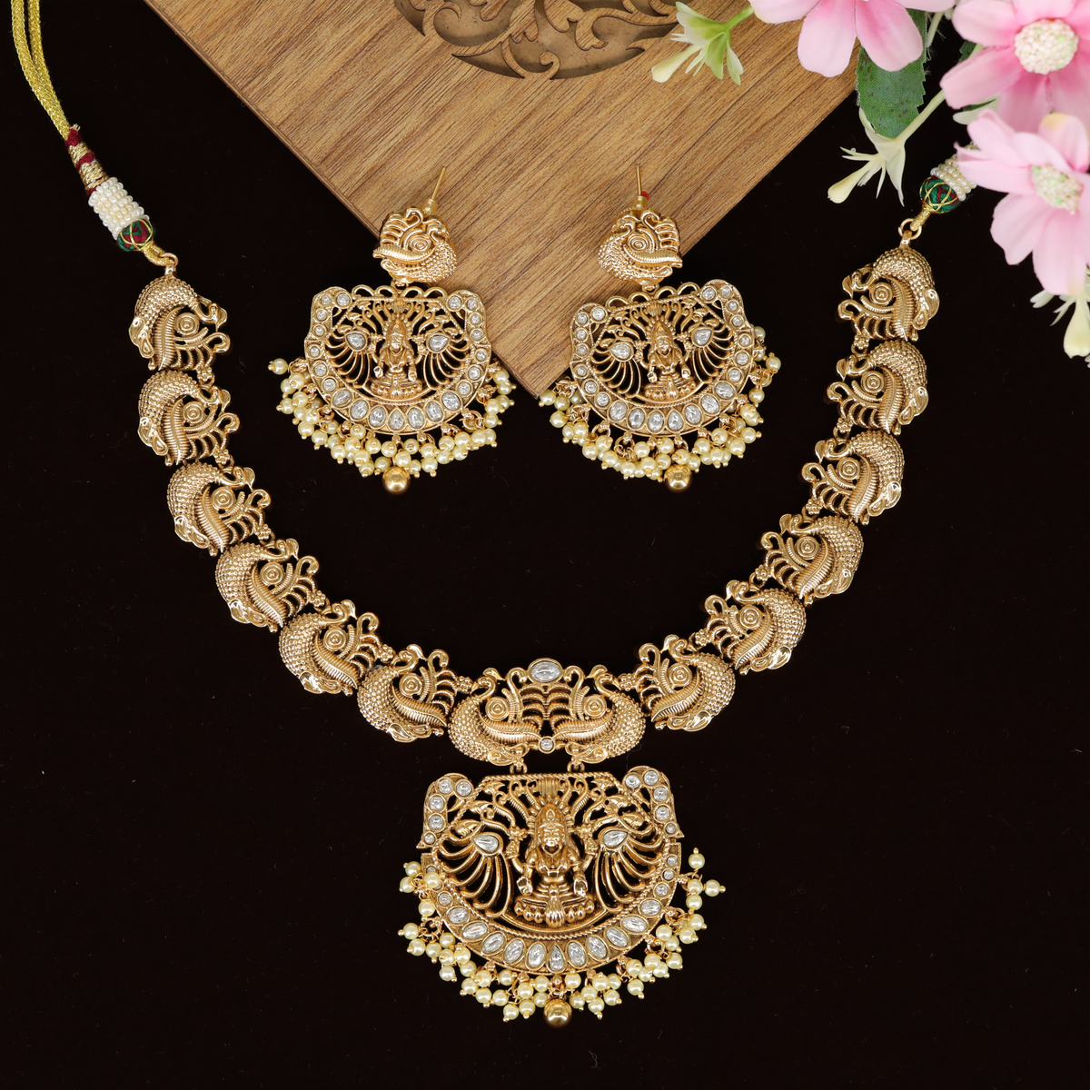 Ananta Mayura Rekha Necklace with Interlocked Peacock Links and Lakshmi Crest Pendant