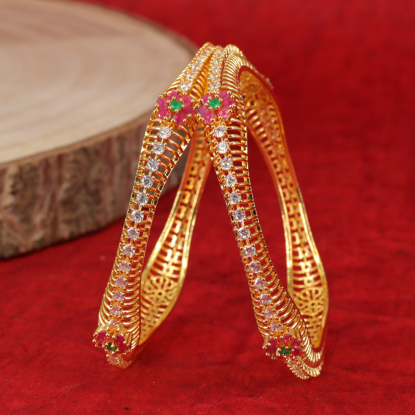 Curved Crystal Line Gold Bangles with Floral Stone Connector Centre
