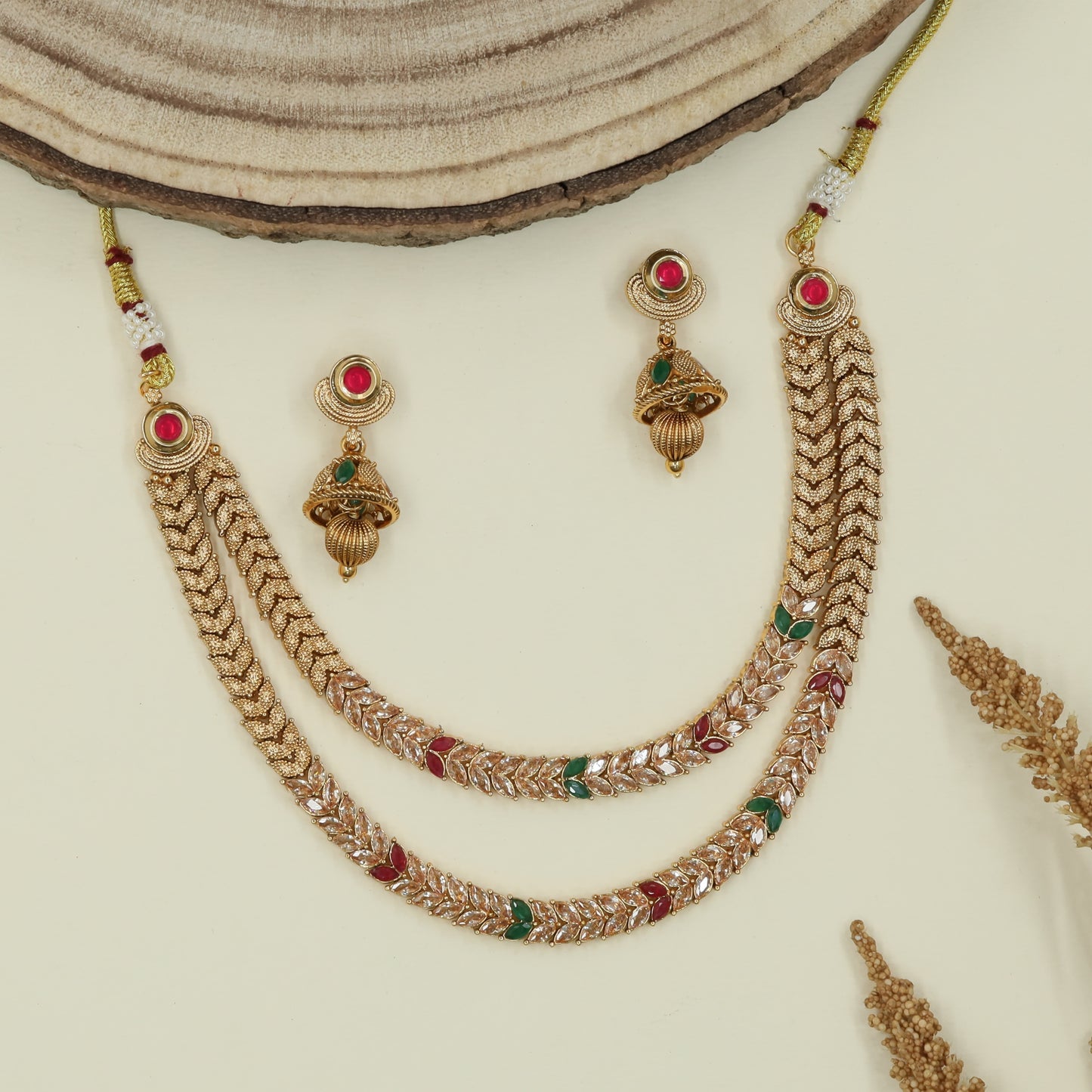 Chevron chain antique necklace with double strand drape and textured link pattern