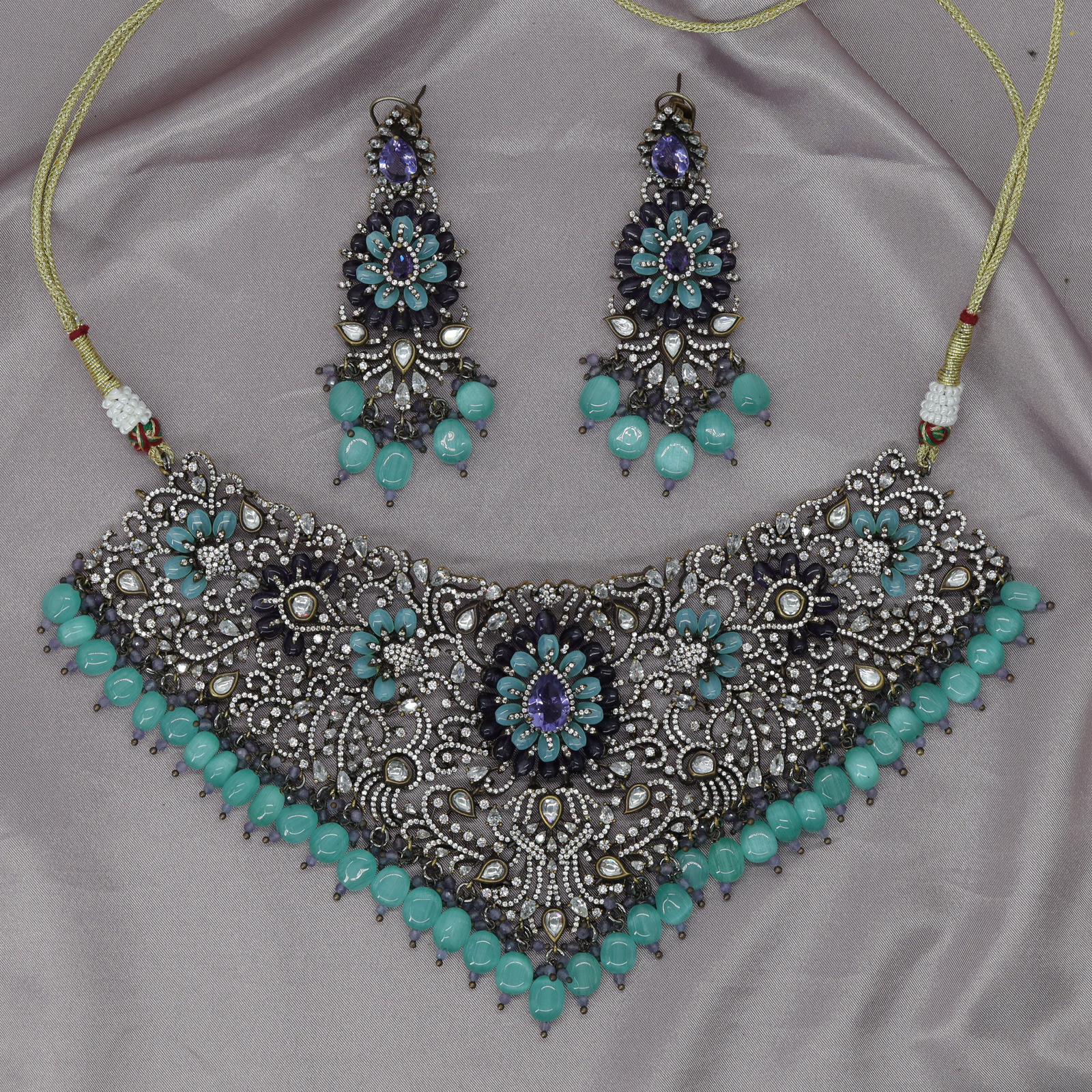 Handcrafted Floral Crystal Choker Necklace with Teardrop Stone Pendant