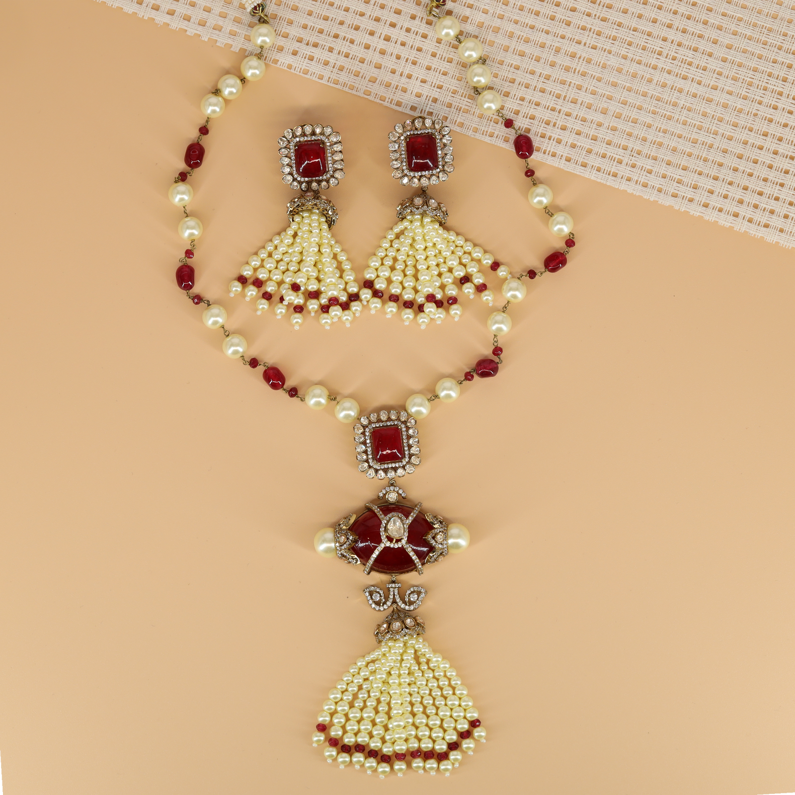 Pearl Beaded Necklace with Square Motif Pendant and Tassel Earrings