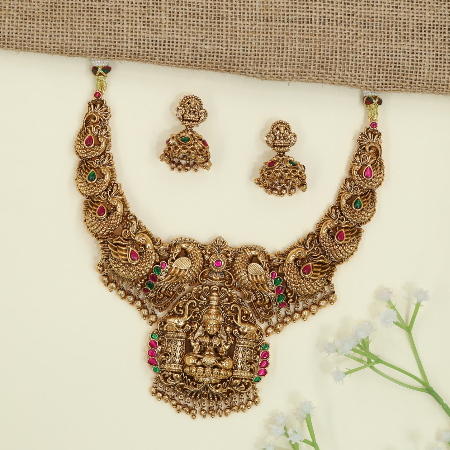 Luxe Antique Necklace With Lakshmi Pendant And Layered Border Craftsmanship