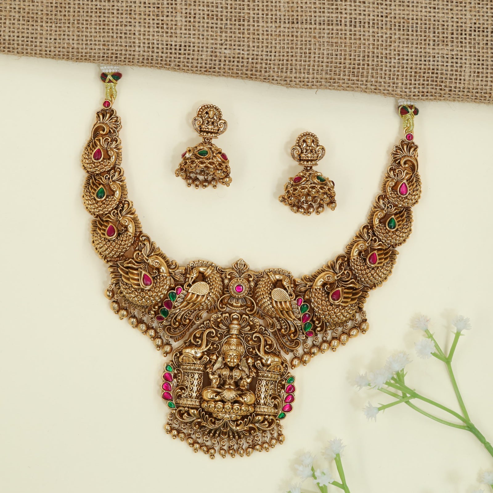 Luxe Antique Necklace With Lakshmi Pendant And Layered Border Craftsmanship