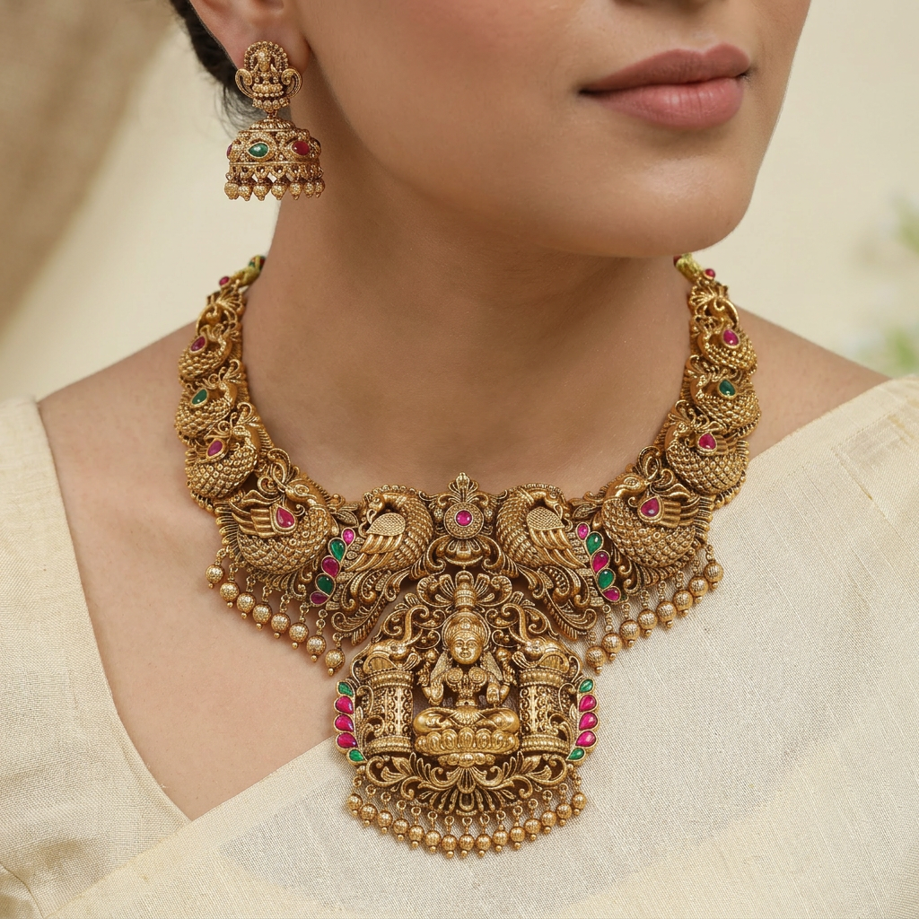 Luxe Antique Necklace With Lakshmi Pendant And Layered Border Craftsmanship