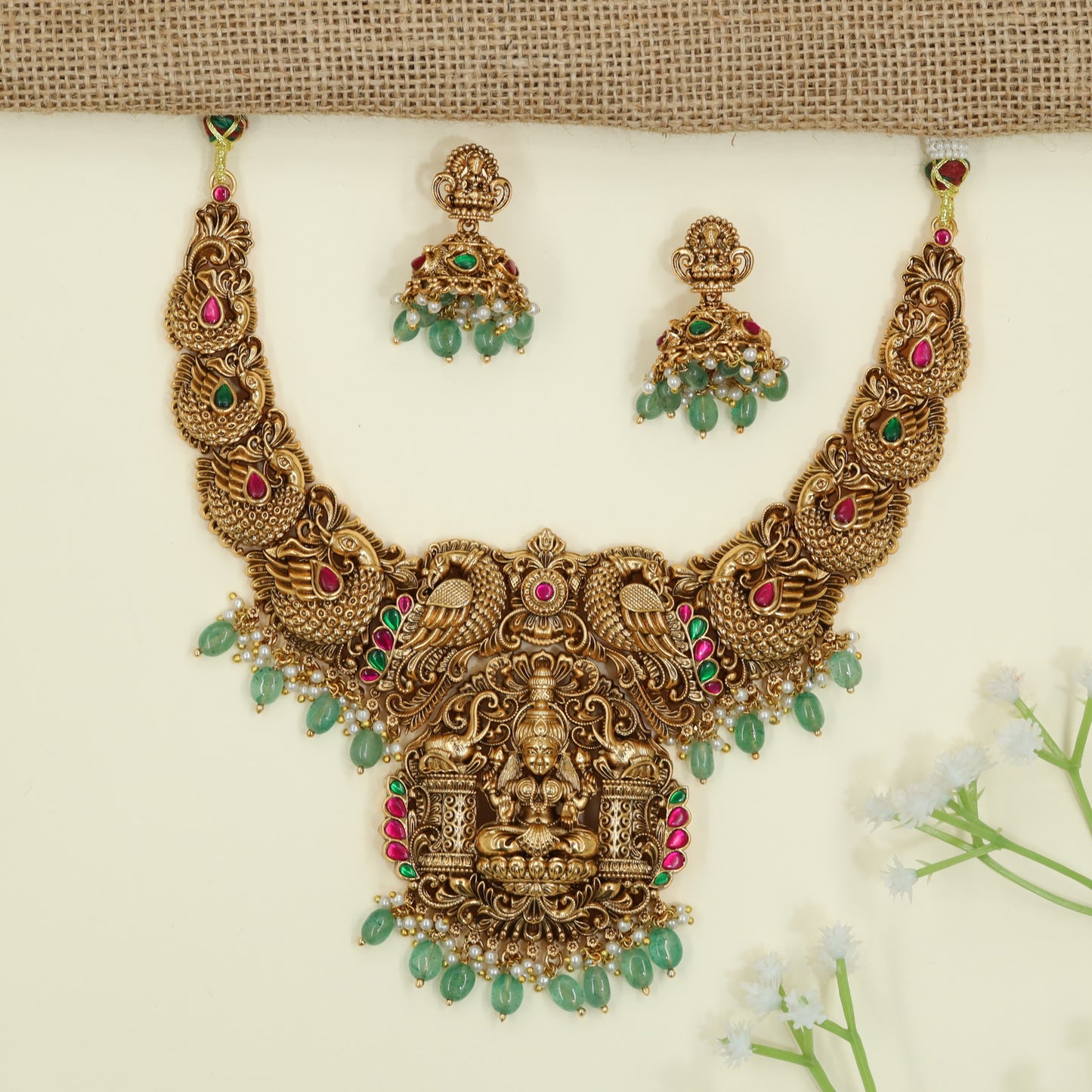 Luxe Antique Necklace With Lakshmi Pendant And Layered Border Craftsmanship