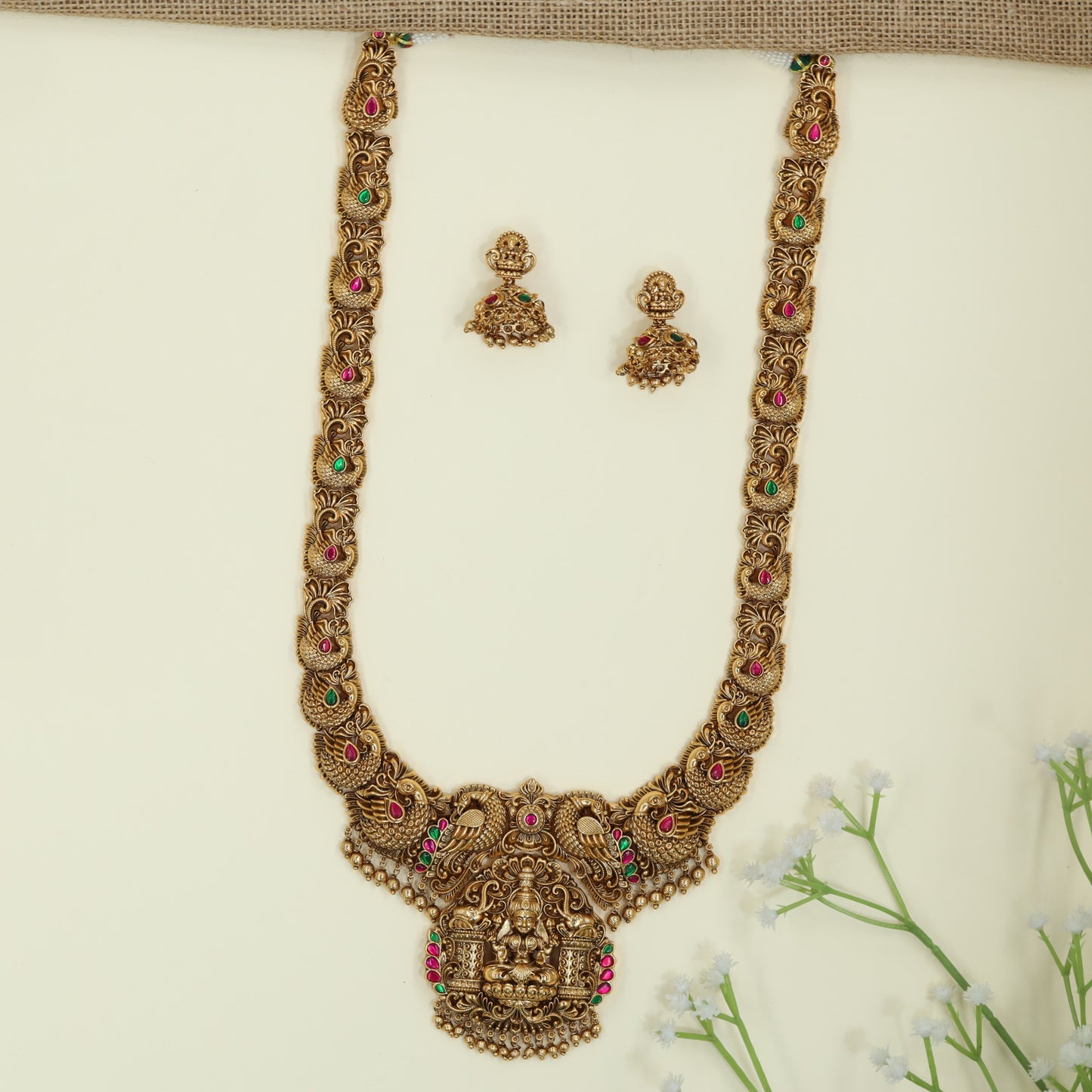 Regal Lakshmi Antique Long Haara With Peacock Crest Pendant Detailing