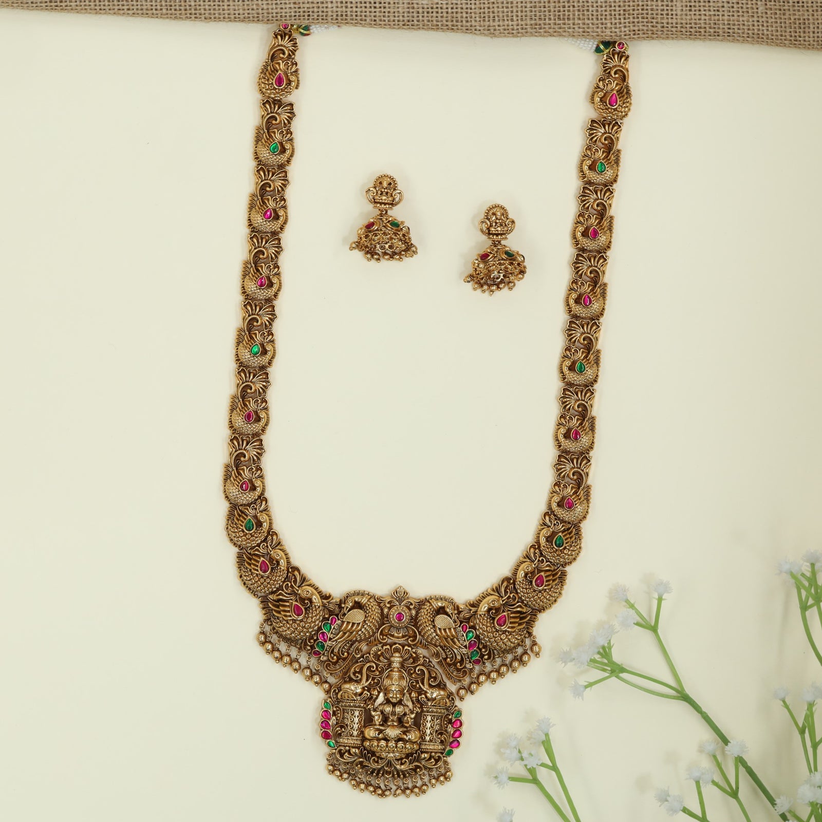 Regal Lakshmi Antique Long Haara With Peacock Crest Pendant Detailing