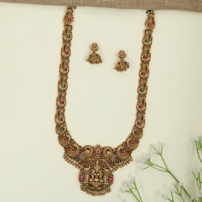 Regal Lakshmi Antique Long Haara With Peacock Crest Pendant Detailing