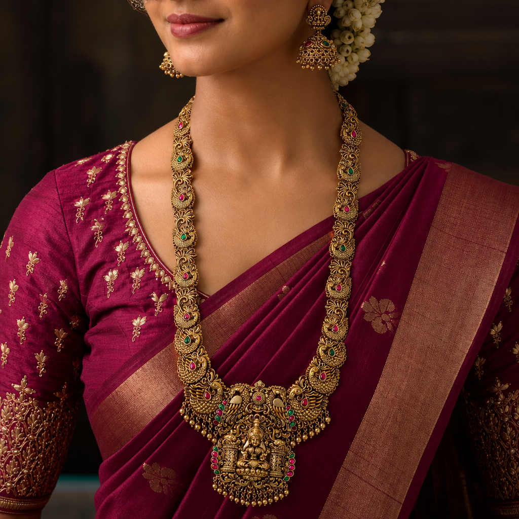 Regal Lakshmi Antique Long Haara With Peacock Crest Pendant Detailing
