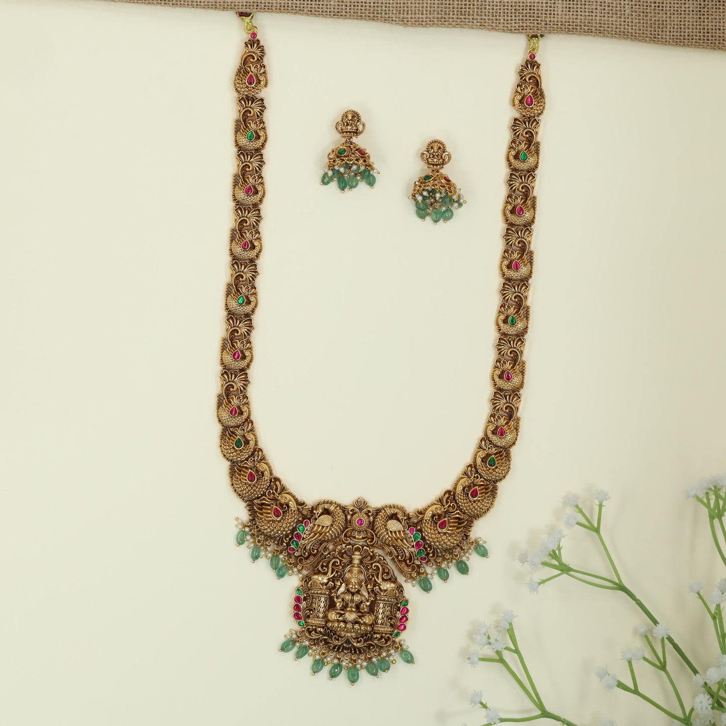 Regal Lakshmi Antique Long Haara With Peacock Crest Pendant Detailing
