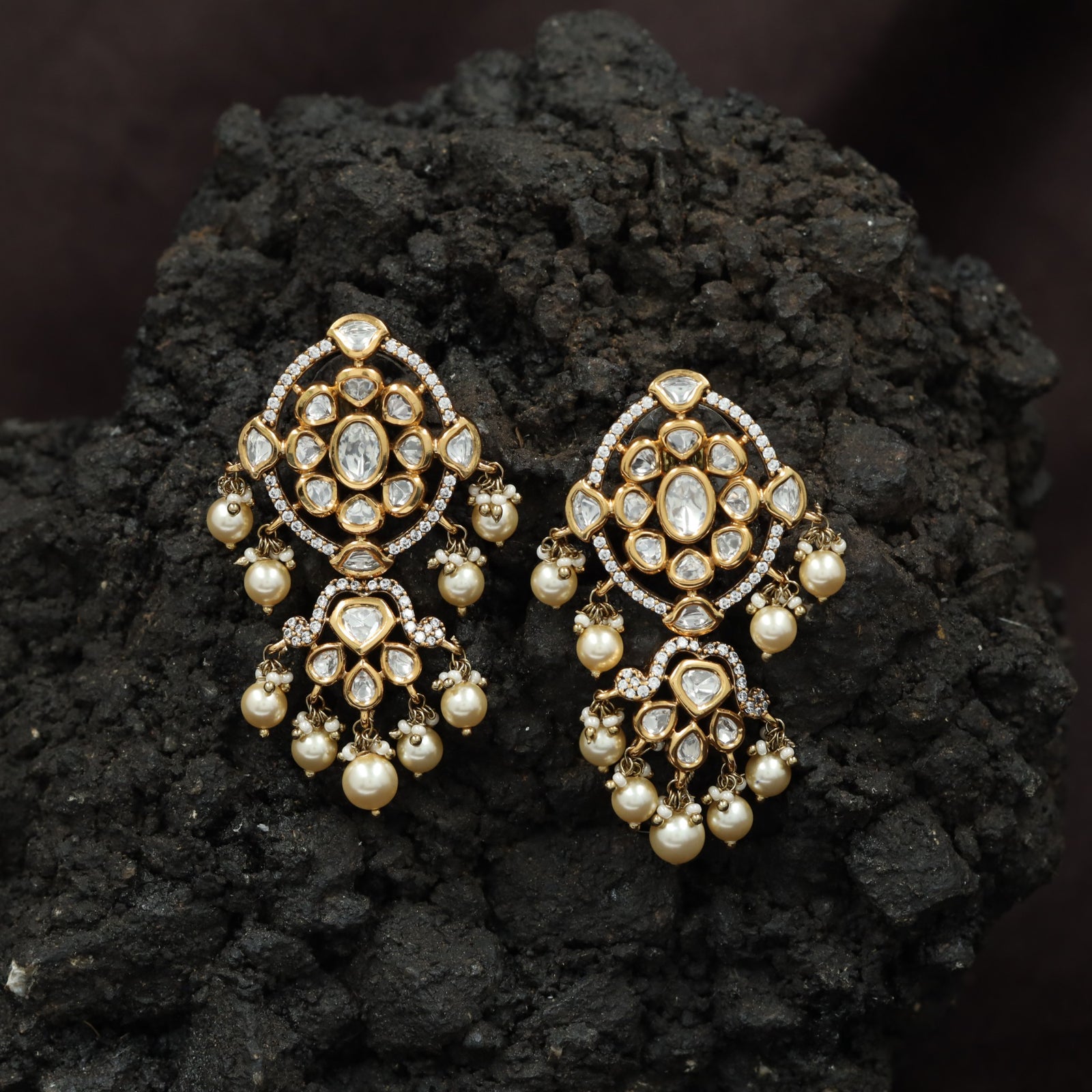 Elite Floral Frame Kundan Hangings With Decorative Pearl Clusters