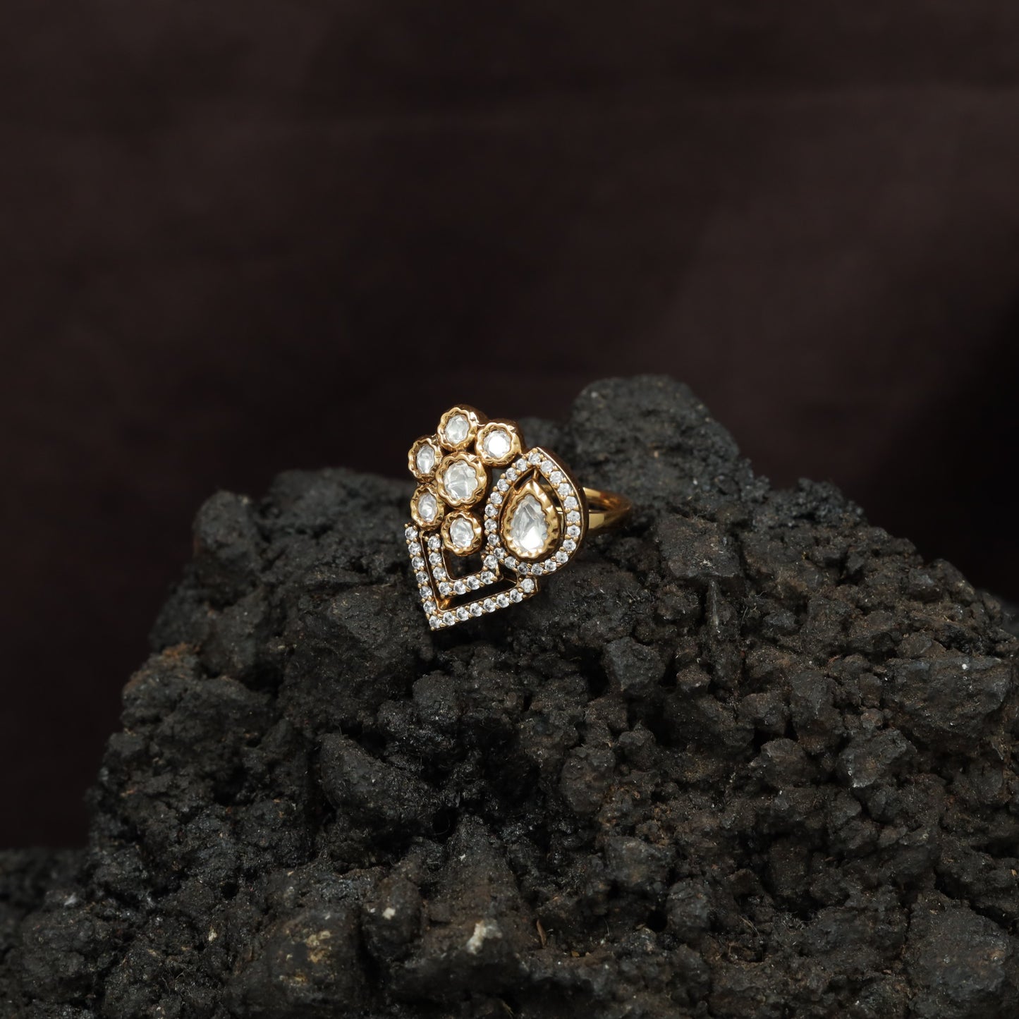 Royal Floral Heart Kundan Finger Ring With Decorative Pearl Accents