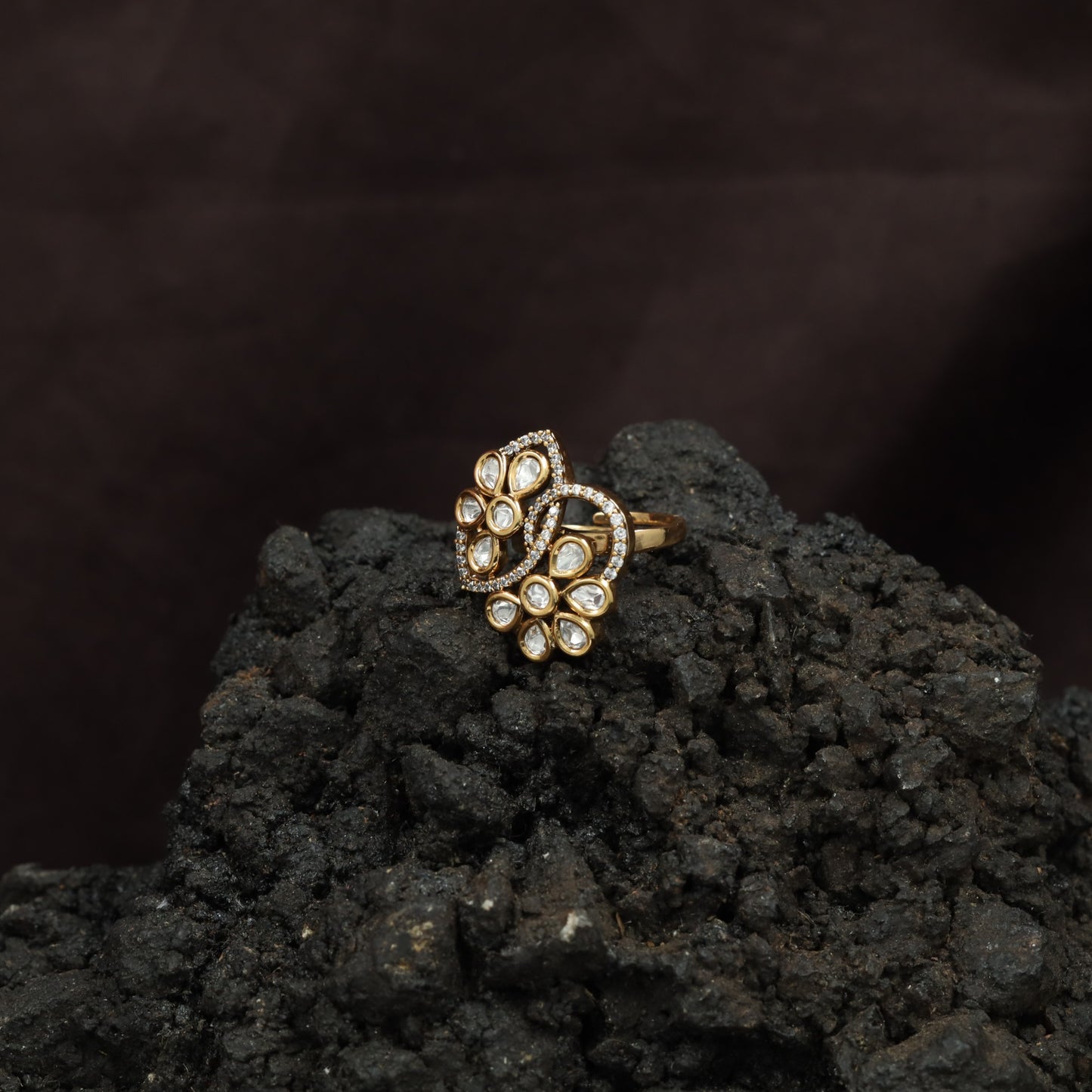 Regal Floral Spray Kundan Finger Ring With Cascading Pearl Detailing