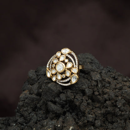 Regal Floral Swirl Kundan Finger Ring With Layered Pearl Halo Design