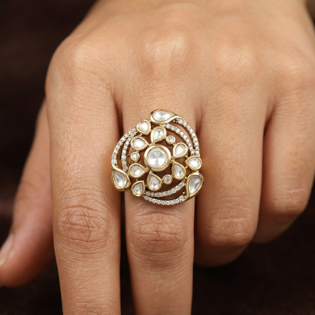Regal Floral Swirl Kundan Finger Ring With Layered Pearl Halo Design