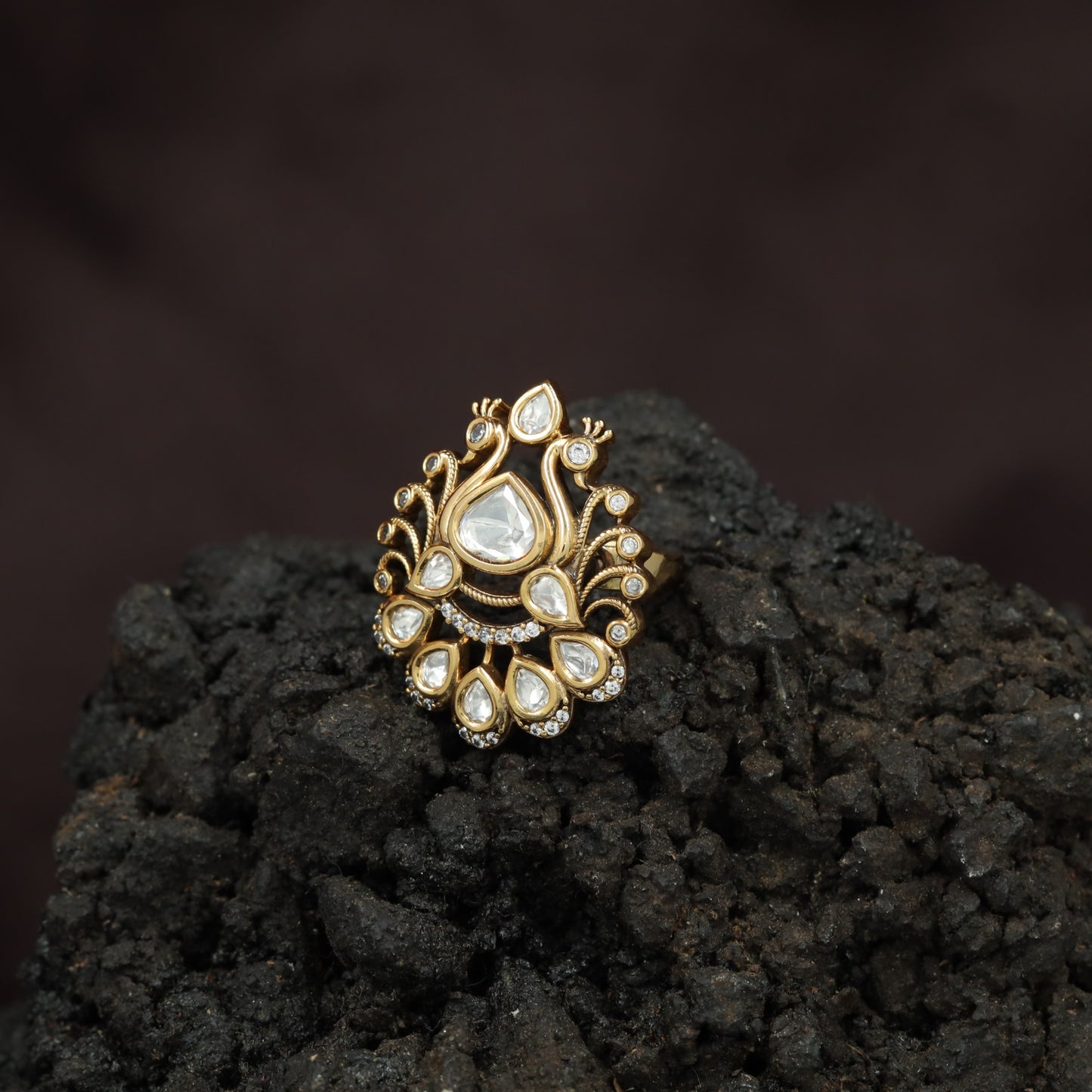 Grand Lotus Frame Kundan Finger Ring With Ornamental Border Styling