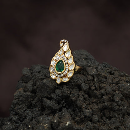 Festive Paisley Design Kundan Finger Ring With Sculpted Border Styling