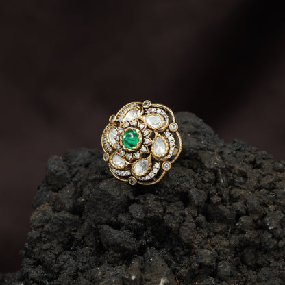 Elite Floral Arrangement Kundan Finger Ring With Halo Frame Styling
