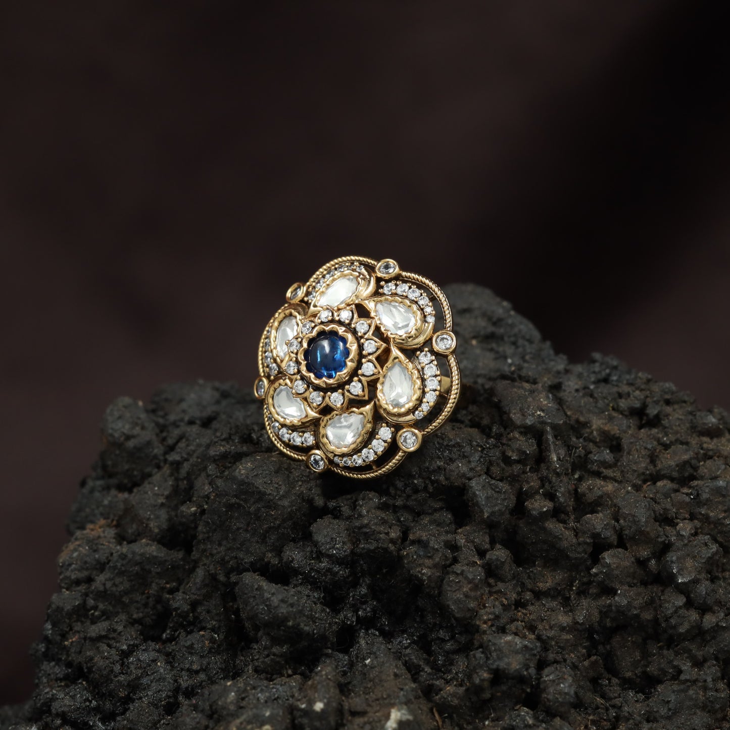 Elite Floral Arrangement Kundan Finger Ring With Halo Frame Styling