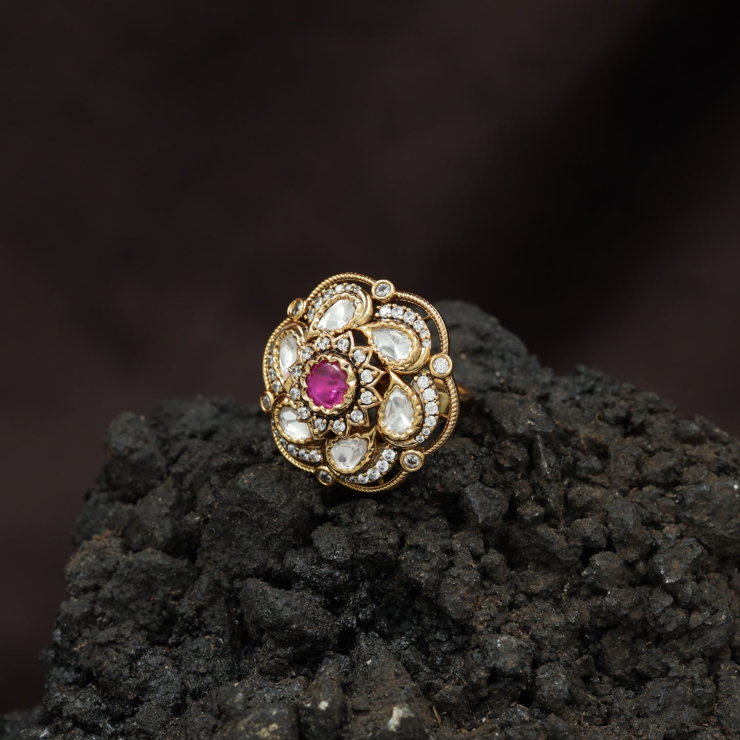 Elite Floral Arrangement Kundan Finger Ring With Halo Frame Styling