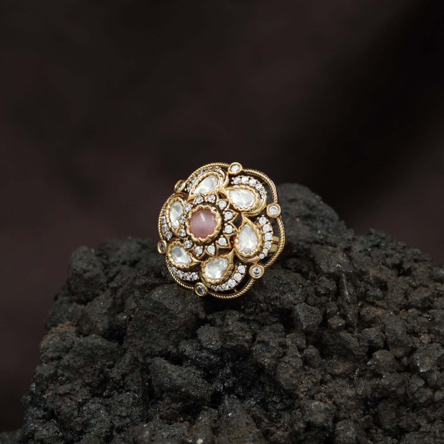 Elite Floral Arrangement Kundan Finger Ring With Halo Frame Styling