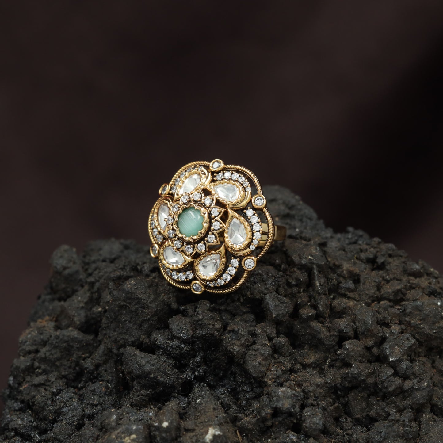 Elite Floral Arrangement Kundan Finger Ring With Halo Frame Styling