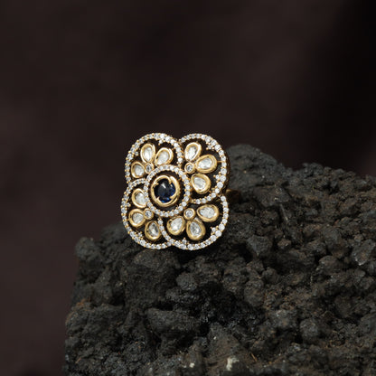 Royal Blossom Inspired Kundan Finger Ring With Layered Circular Detailing