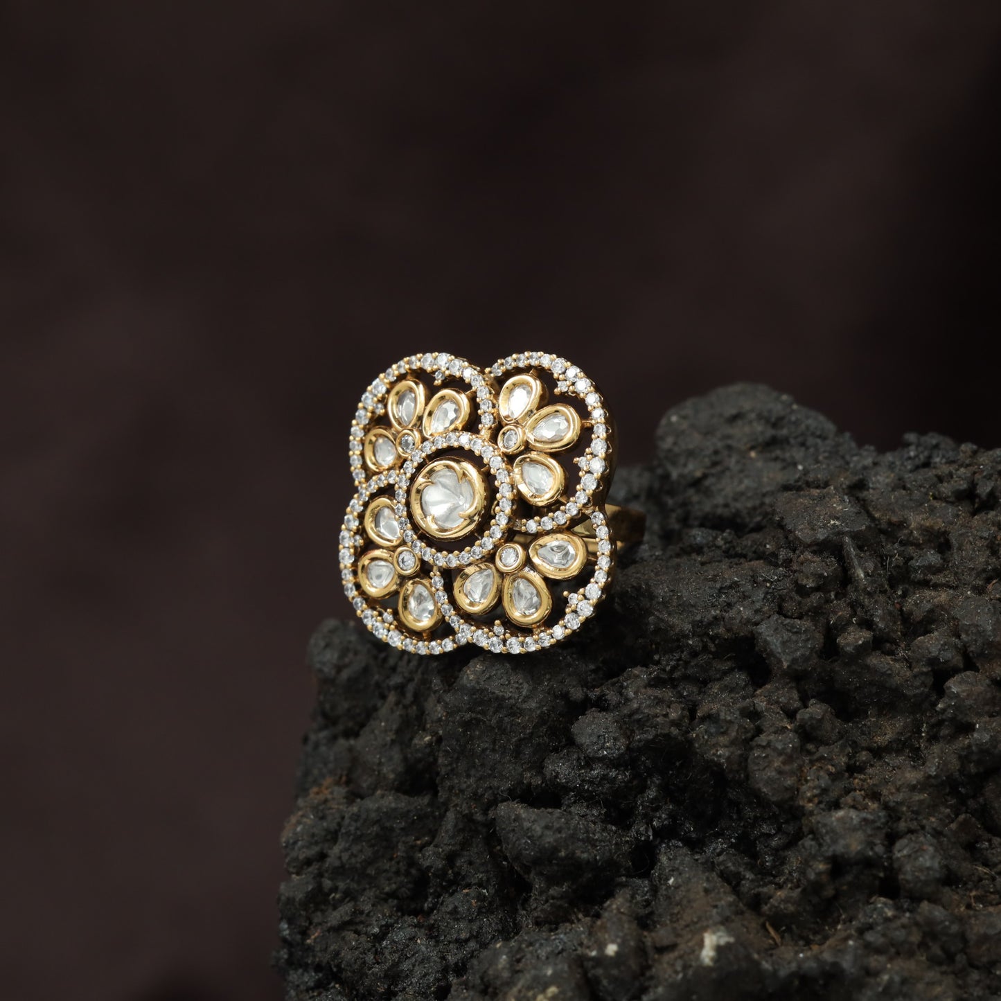 Royal Blossom Inspired Kundan Finger Ring With Layered Circular Detailing