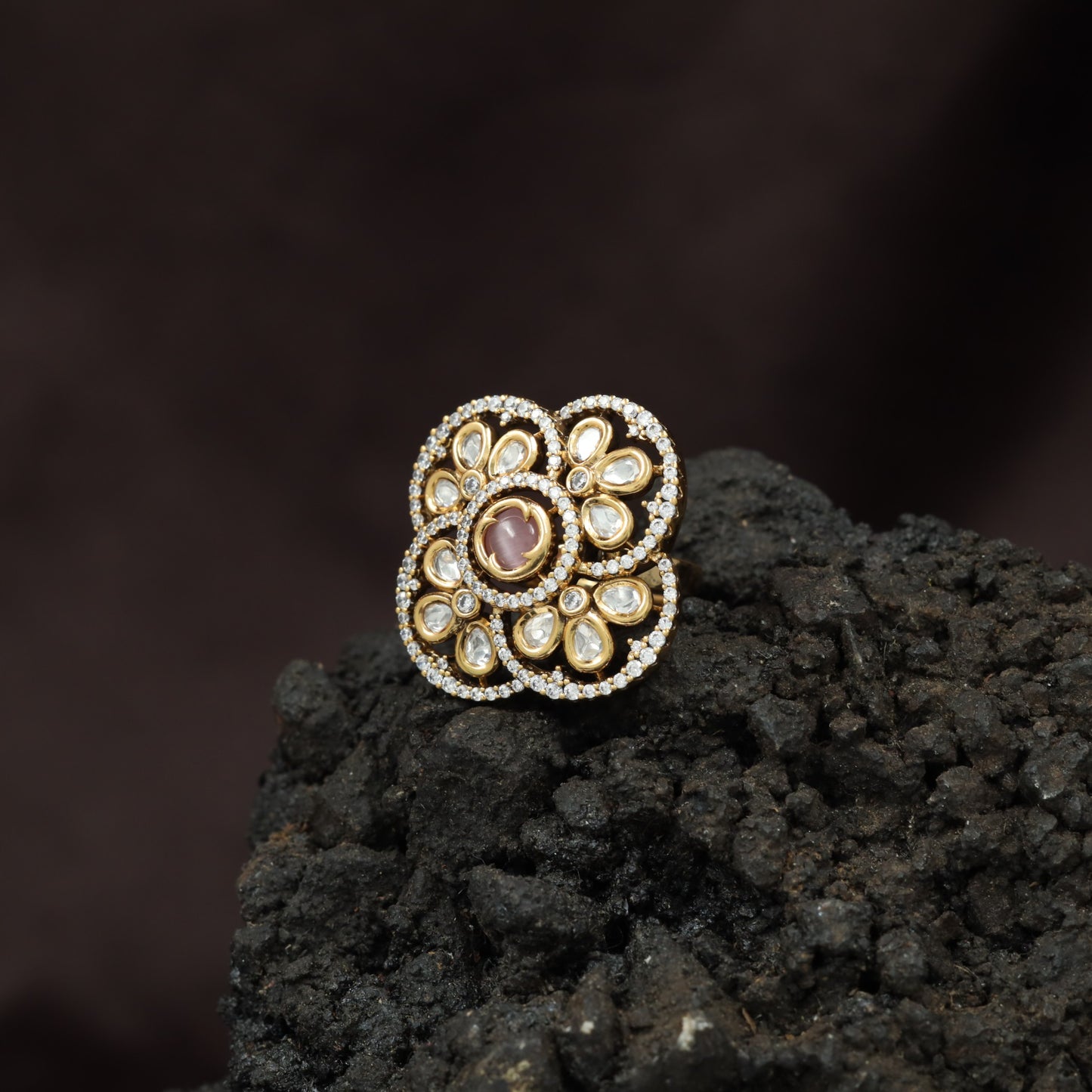 Royal Blossom Inspired Kundan Finger Ring With Layered Circular Detailing