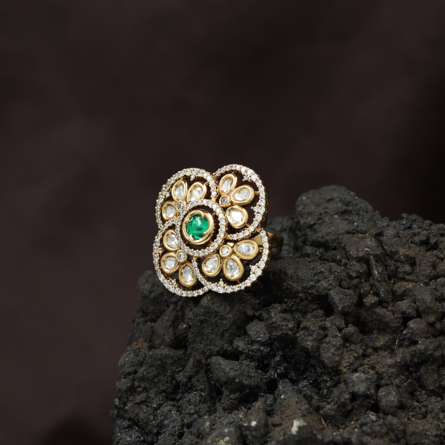 Royal Blossom Inspired Kundan Finger Ring With Layered Circular Detailing