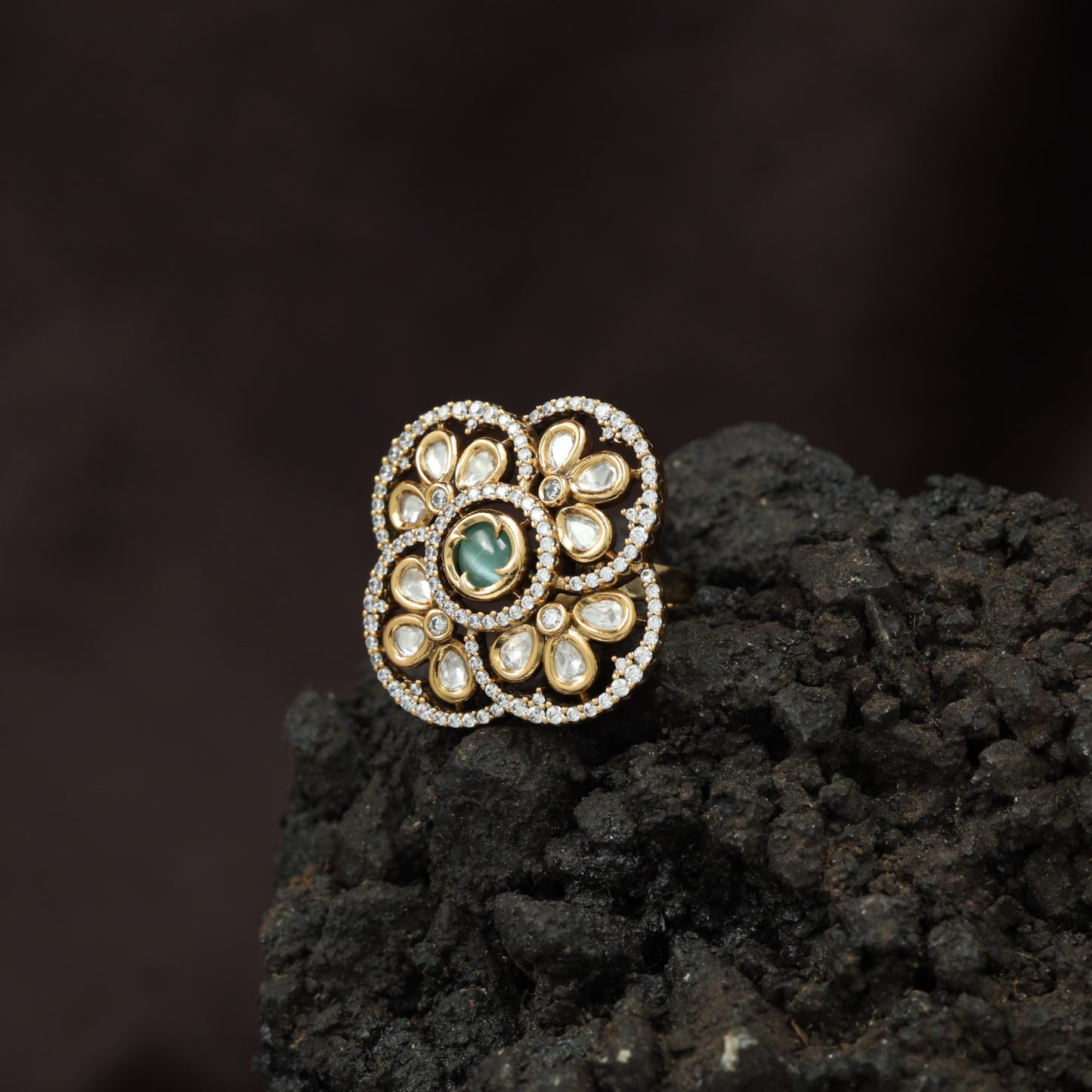 Royal Blossom Inspired Kundan Finger Ring With Layered Circular Detailing