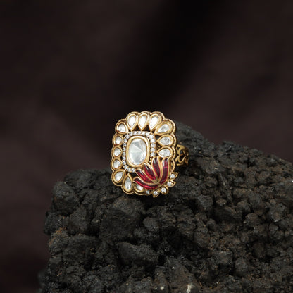 Regal Lotus Bloom Kundan Finger Ring With Pear Halo Detailing