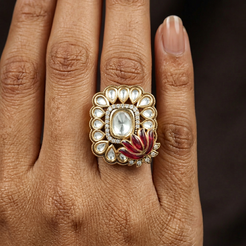 Regal Lotus Bloom Kundan Finger Ring With Pear Halo Detailing