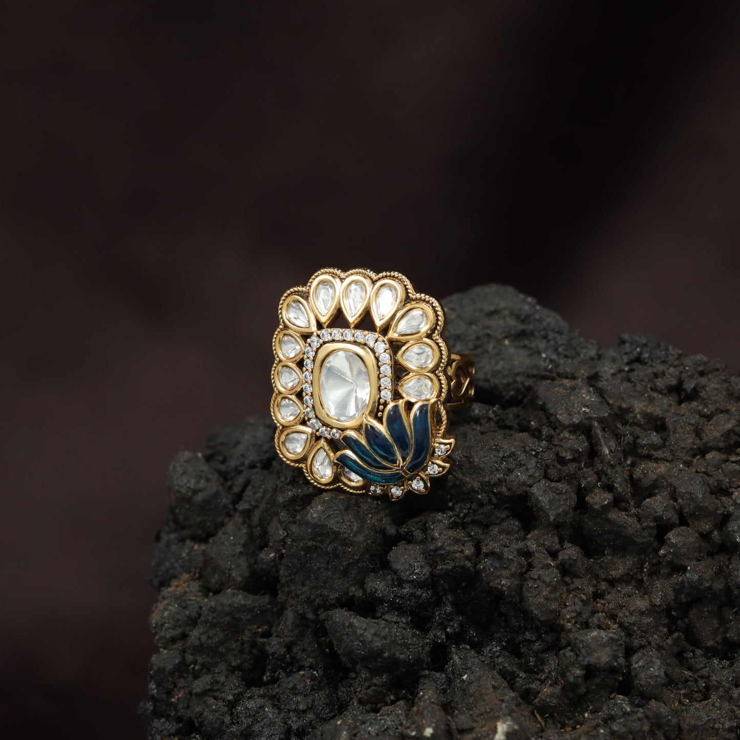 Regal Lotus Bloom Kundan Finger Ring With Pear Halo Detailing