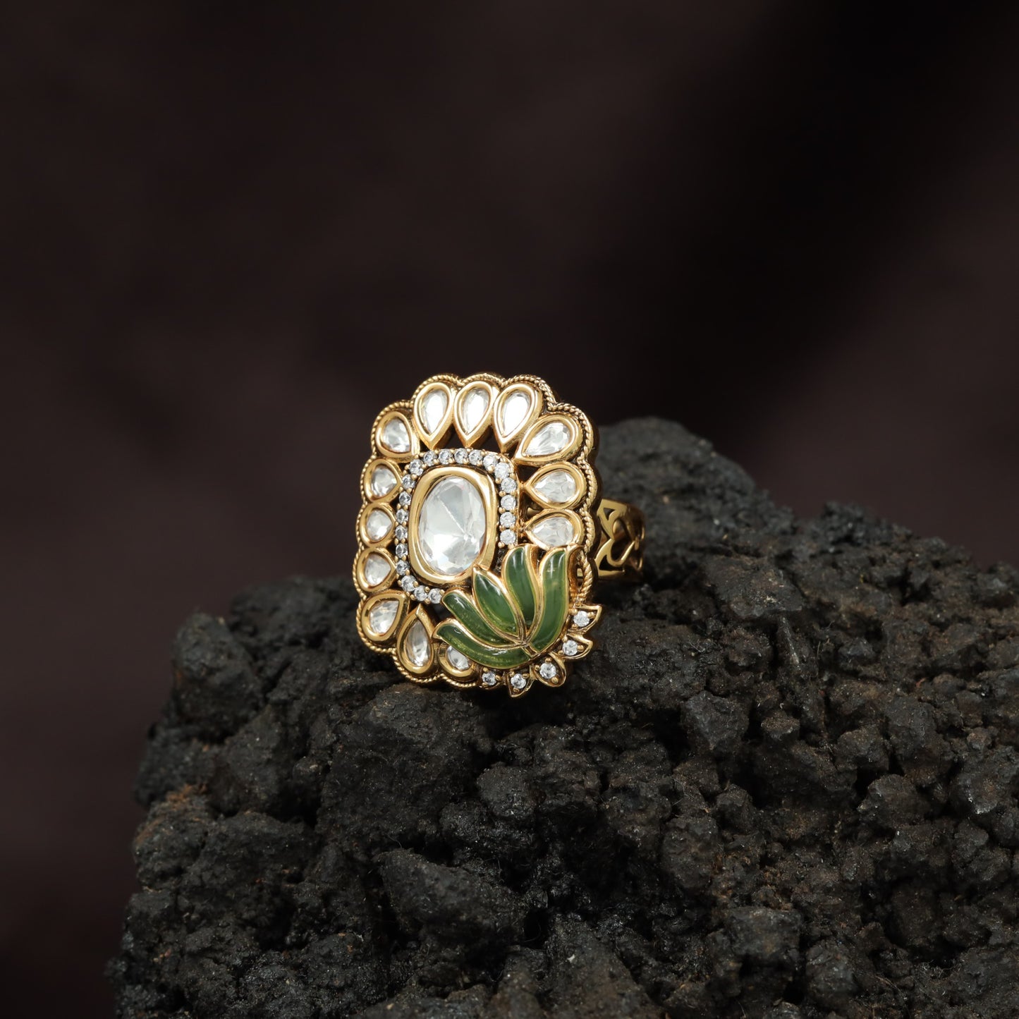 Regal Lotus Bloom Kundan Finger Ring With Pear Halo Detailing