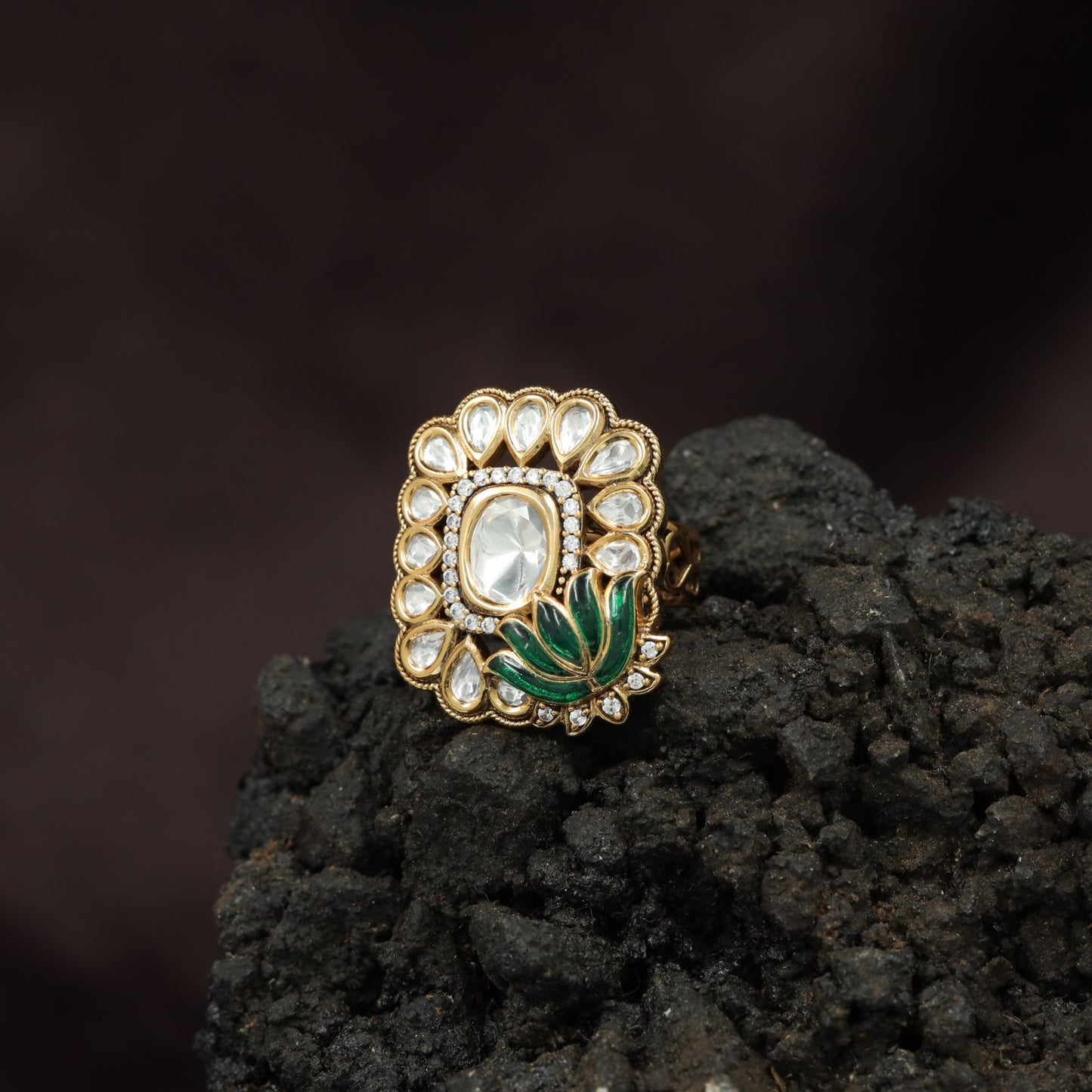 Regal Lotus Bloom Kundan Finger Ring With Pear Halo Detailing