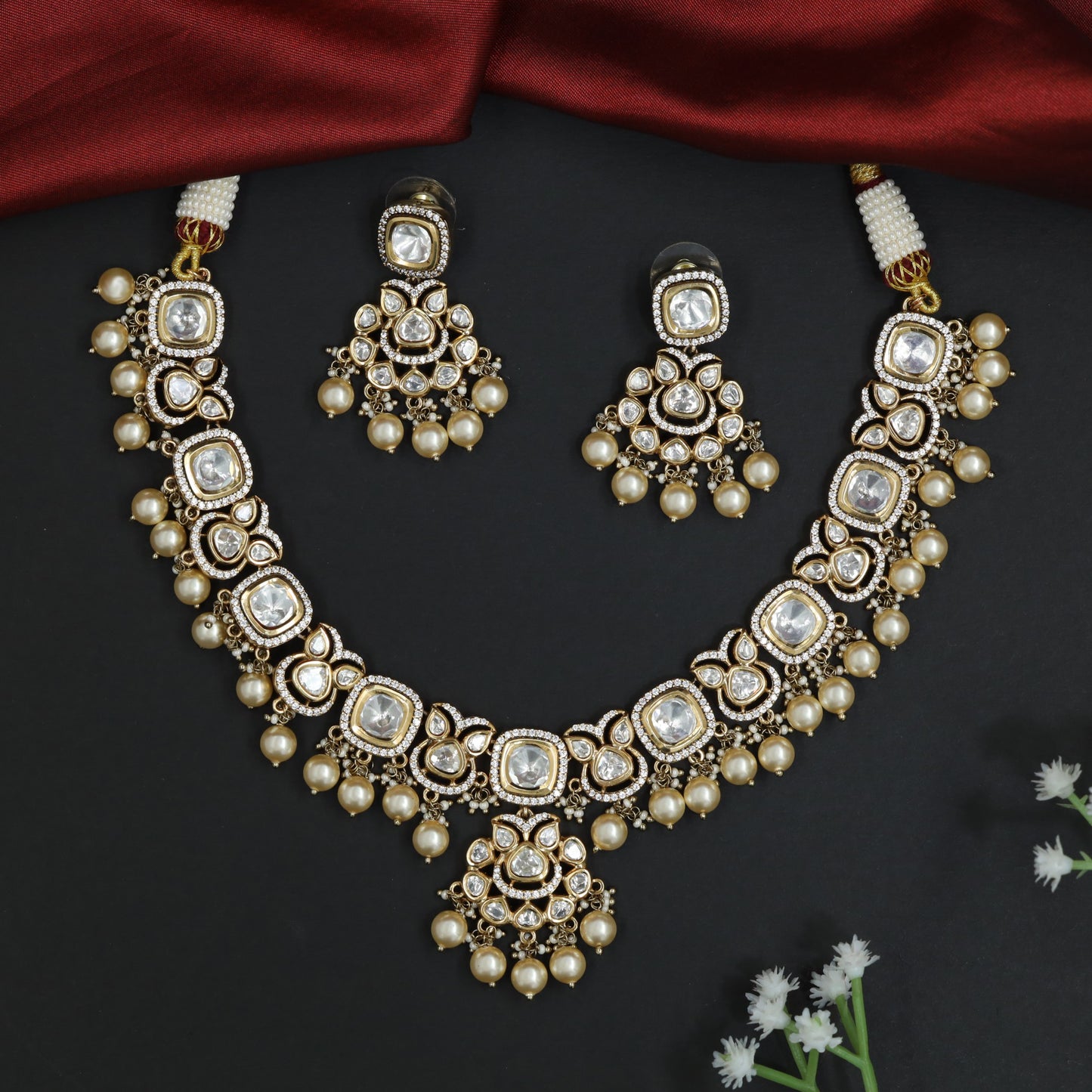 Citadel Link Work Kundan Necklace with Decorative Hanging Accents