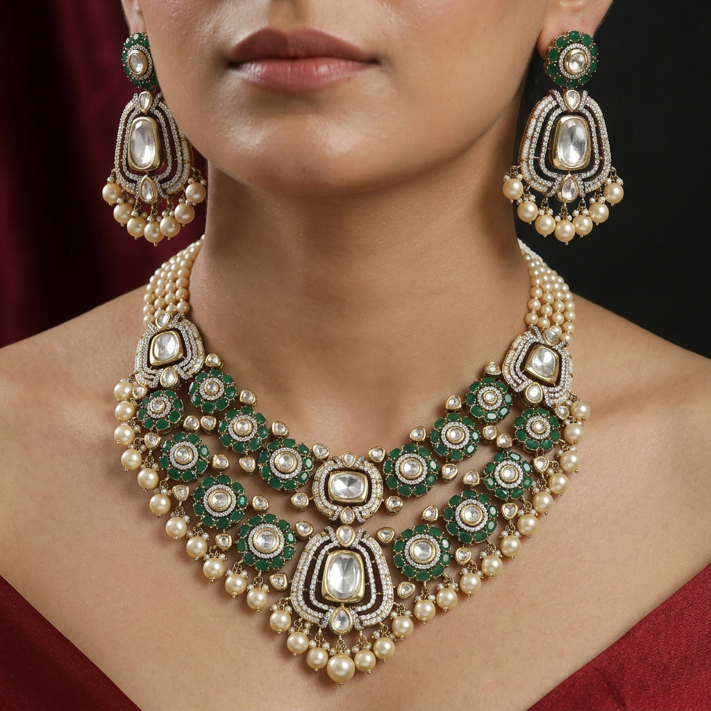 Luxury Connector Style Kundan Necklace with Ornate Centre Drop