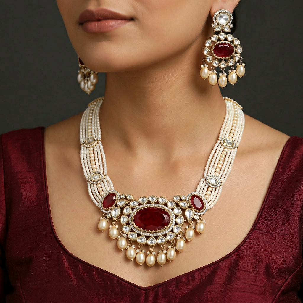 Noble Centre Frame Kundan Necklace with Suspended Bead Detailing