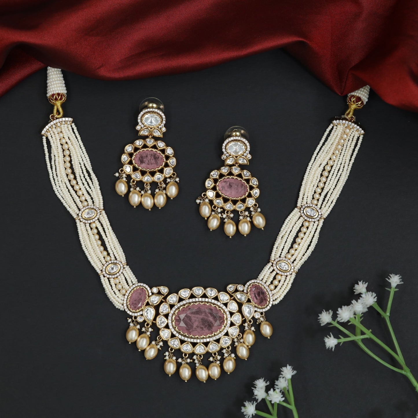 Noble Centre Frame Kundan Necklace with Suspended Bead Detailing