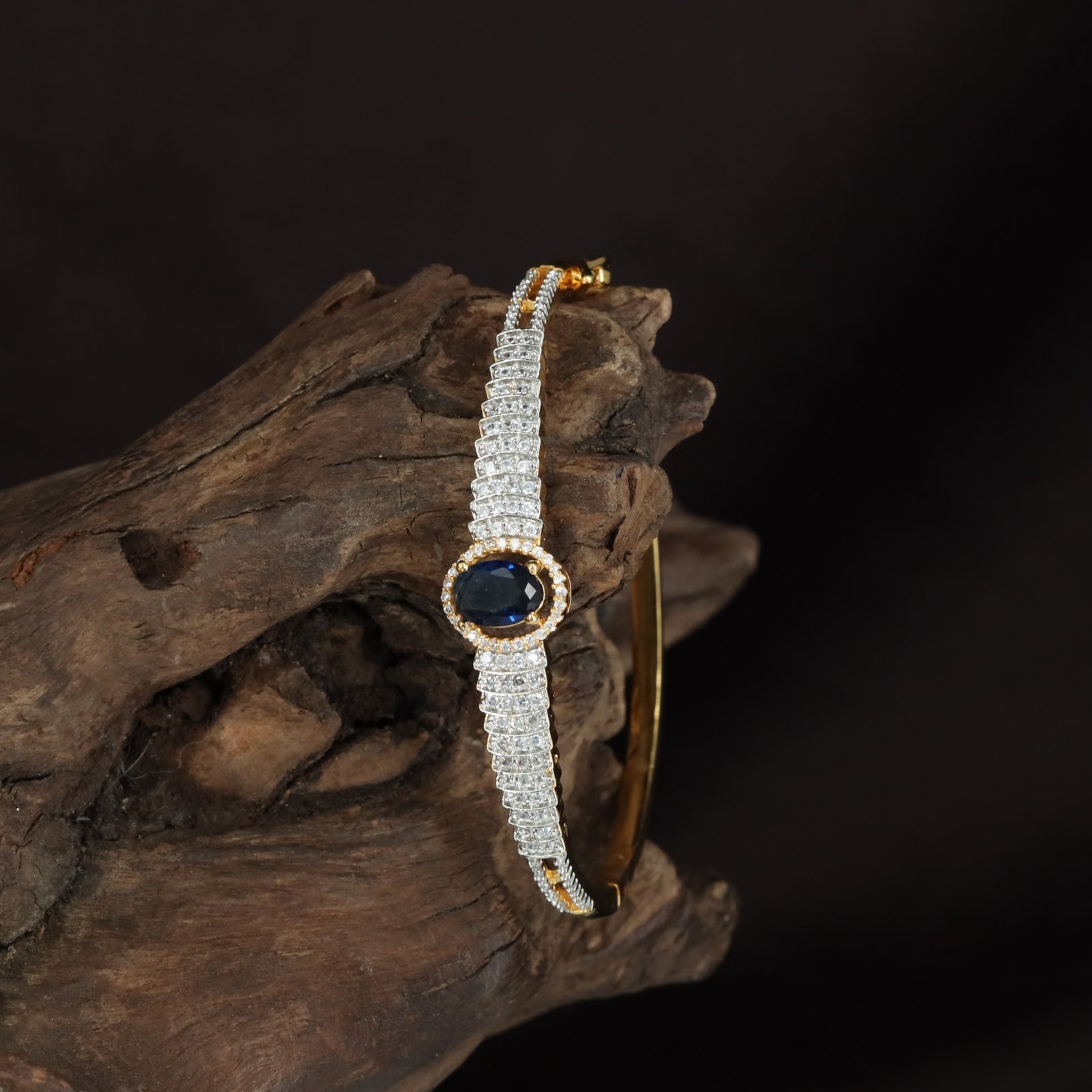 Designer Oval Stone Kada with Triple Crystal Line Styling