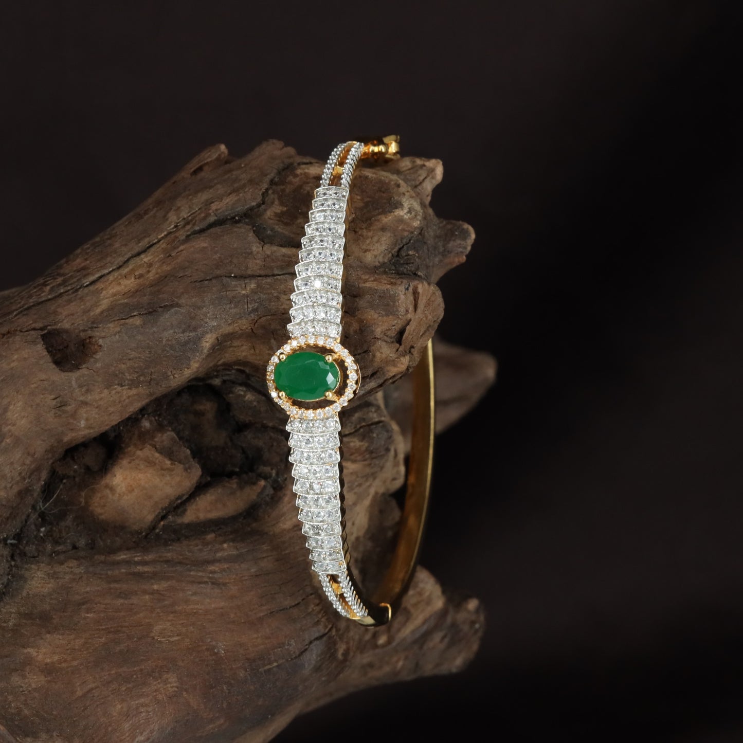 Designer Oval Stone Kada with Triple Crystal Line Styling