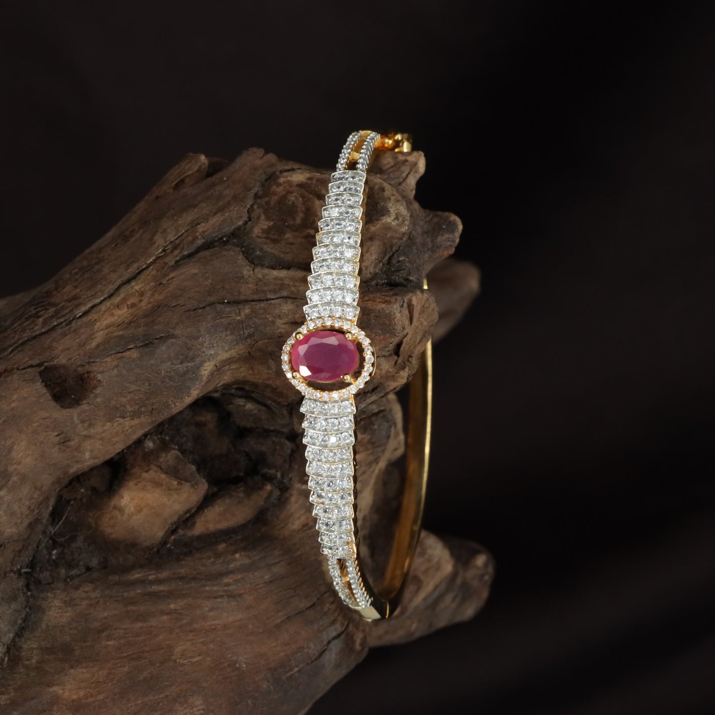 Designer Oval Stone Kada with Triple Crystal Line Styling