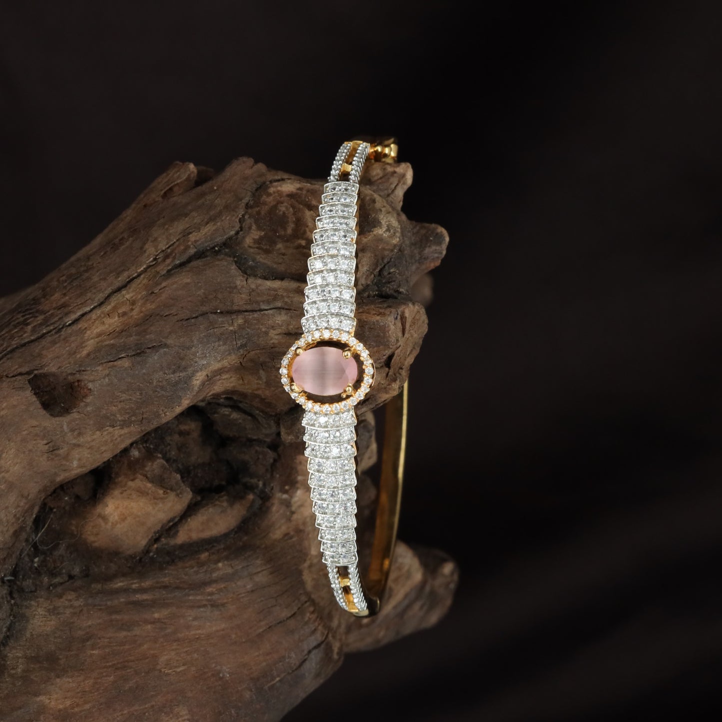 Designer Oval Stone Kada with Triple Crystal Line Styling